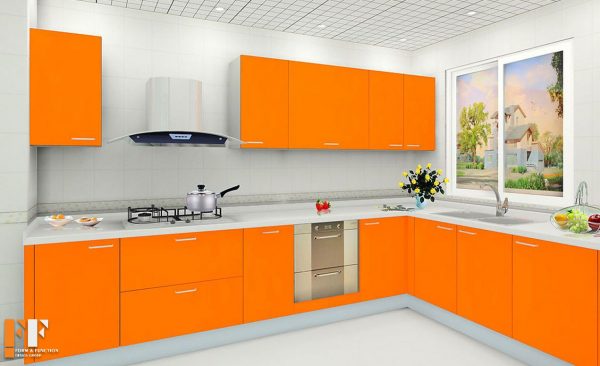 دکوراسیون آشپزخانه با رنگ طوسی و نارنجی